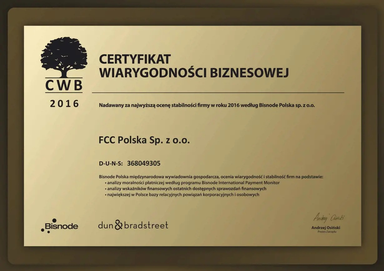 Certyfikat Wiarygodności Biznesowej dla FCC Polska