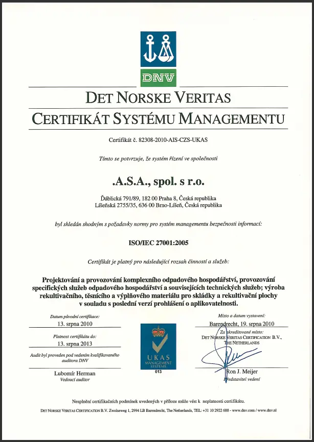 .A.S.A. získala nový certifikát dle ISO 270001