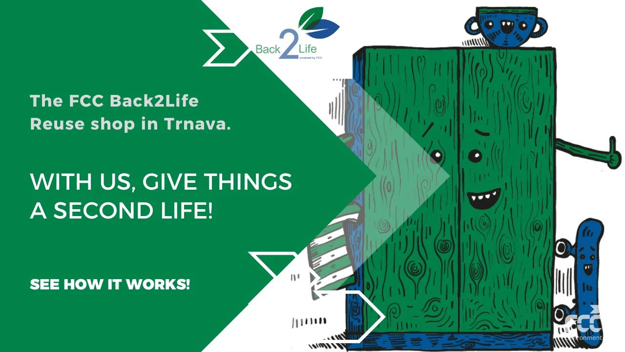 Thumbnail for FCC Environment video "The FCC Back2Life Reuse Shop in Trnava: With Us, Give Things a Second Life!", featuring an illustrated animated wardrobe character alongside a cup and skateboard.