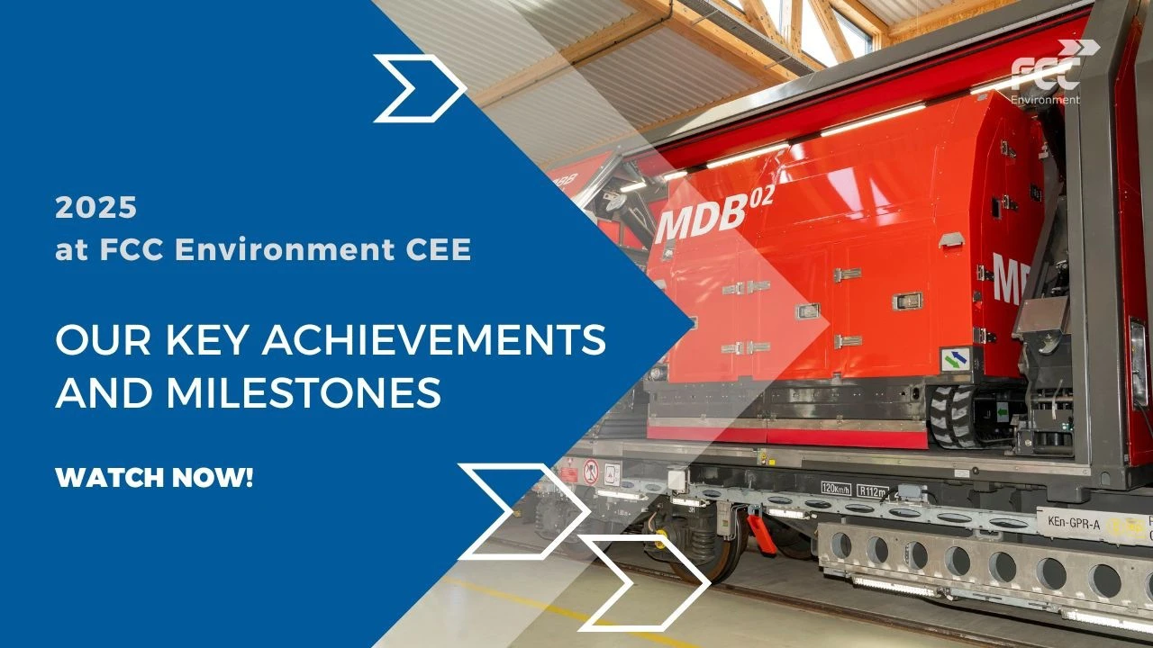 Thumbnail for FCC Environment CEE video "2025 at FCC Environment CEE: Our Key Achievements and Milestones", featuring a red industrial waste processing machine inside a facility.