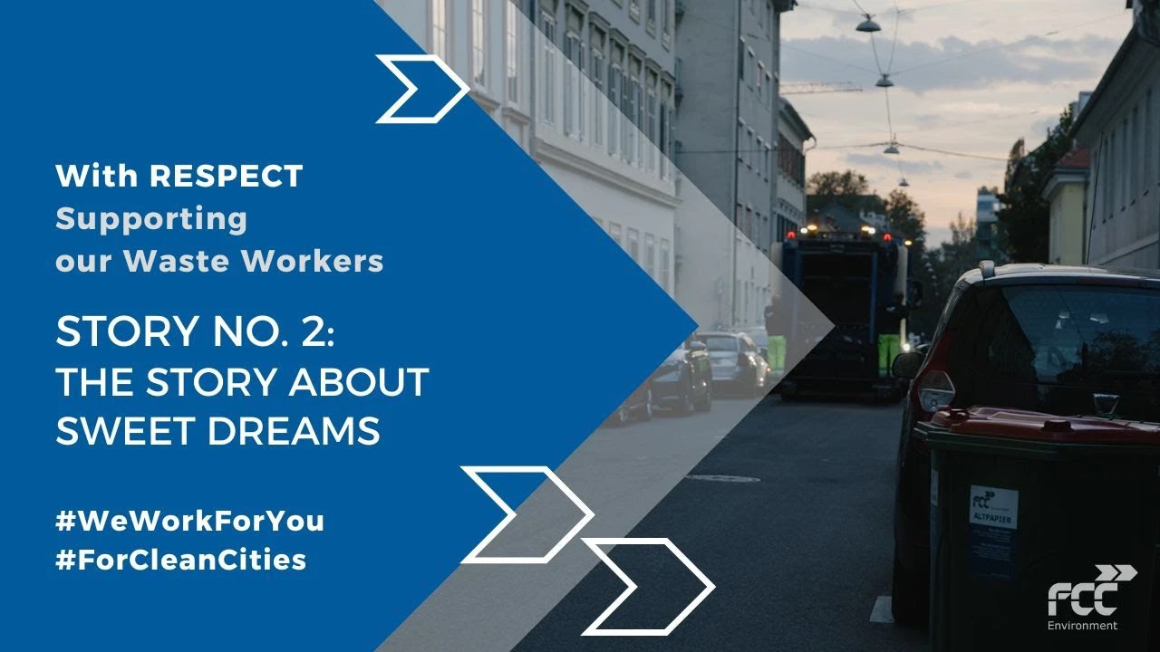 Thumbnail for FCC Environment video "With Respect: Story No. 2 – The Story About Sweet Dreams", featuring a waste collection truck at dusk on a city street.
