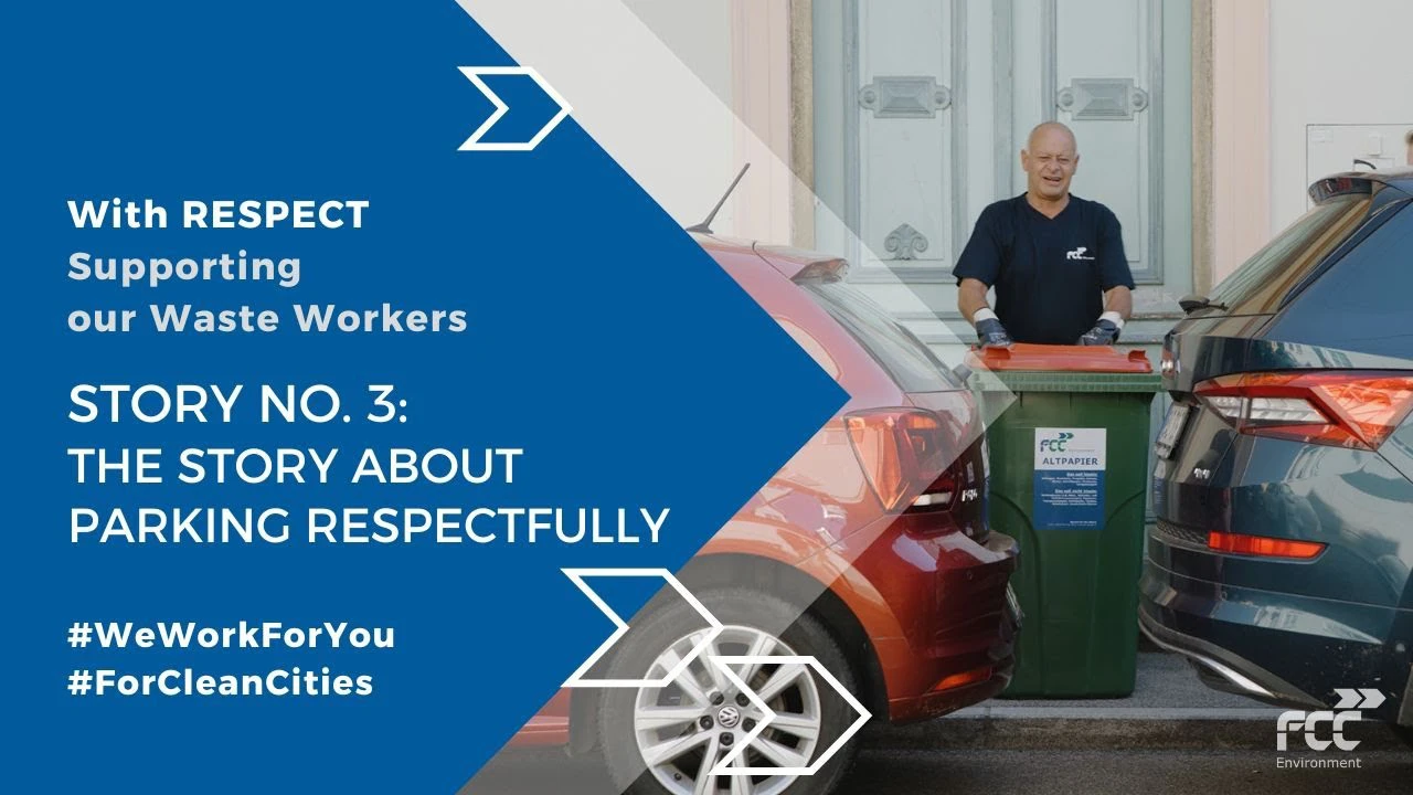Thumbnail for FCC Environment video "With Respect: Story No.Thumbnail for FCC Environment video "With Respect: Story No. 3 – The Story About Parking Respectfully", featuring an FCC waste worker maneuvering a green waste bin between two parked cars.