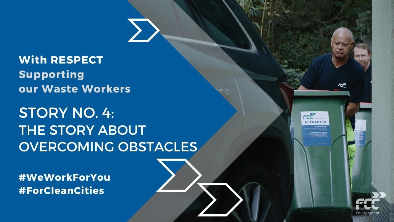 Thumbnail for FCC Environment video "With Respect: Story No.Thumbnail for FCC Environment video "With Respect: Story No. 4 – The Story About Overcoming Obstacles", featuring two FCC waste workers maneuvering green waste bins past a parked car.