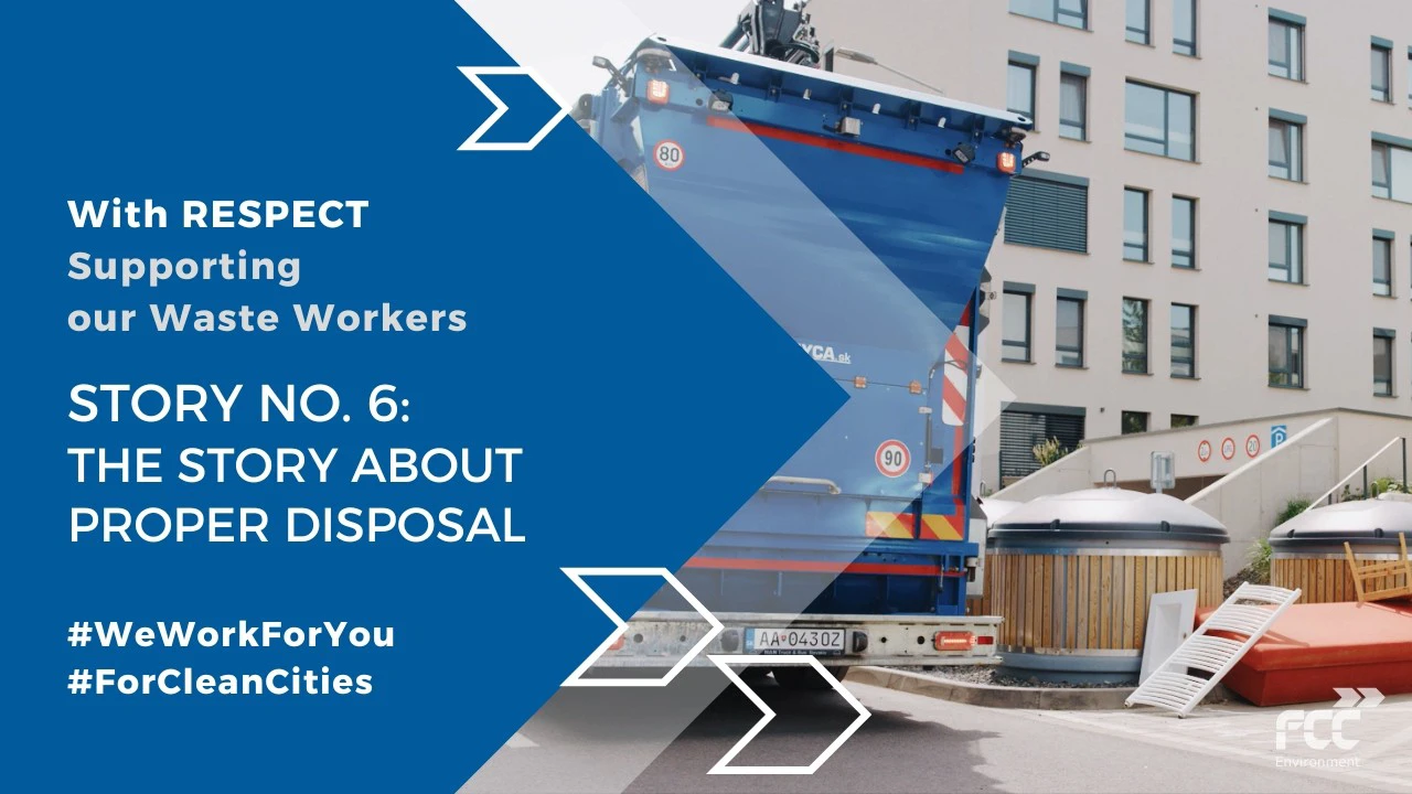 Thumbnail for FCC Environment video "With Respect: Story No. 6 – The Story About Proper Disposal", featuring a waste collection truck beside underground waste containers in a residential area.