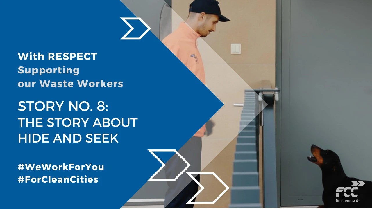 Thumbnail for FCC Environment video "With Respect: Story No. 8 – The Story About Hide and Seek", featuring an FCC worker on a stairway being watched by a dog through a gate.