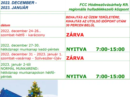 ÜNNEPI NYITVATARTÁS 2022 - HÓDMEZŐVÁSÁRHELY