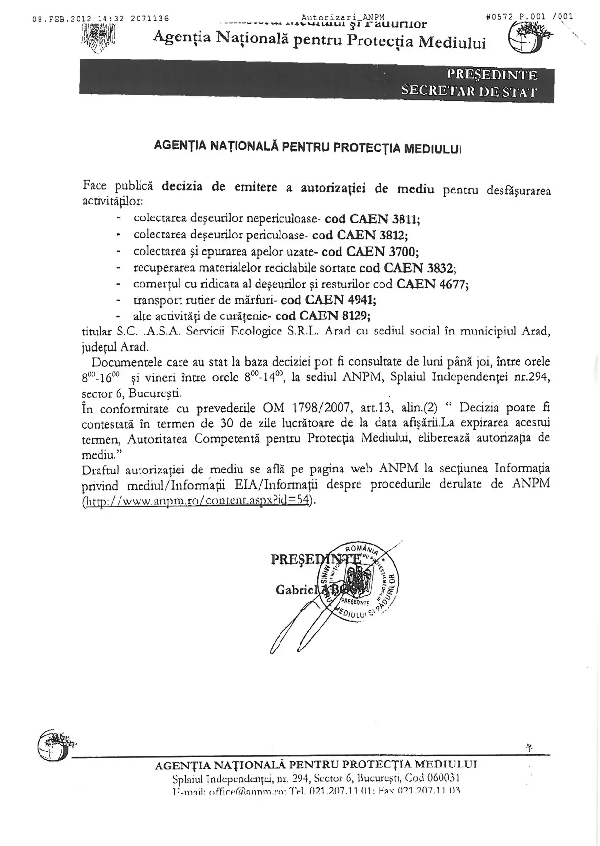 Decizie A.N.P.M. emitere Autorizatie de Mediu .A.S.A.