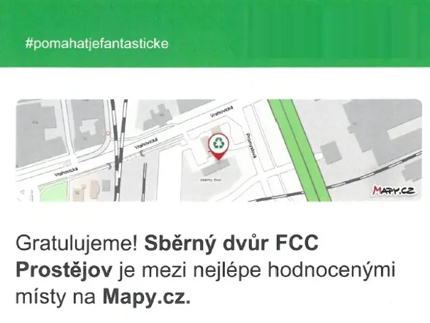 Sběrný dvůr FCC Prostějov získal ocenění uživatelů Mapy.cz