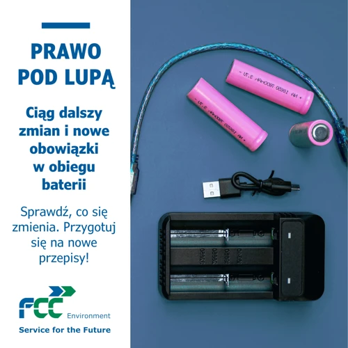 Akumulatory litowo-jonowe, ładowarka do baterii i przewód USB. Grafika dotycząca zmian prawnych w obszarze baterii oraz nowych obowiązków wynikających z Rozporządzenia Bateryjnego UE.