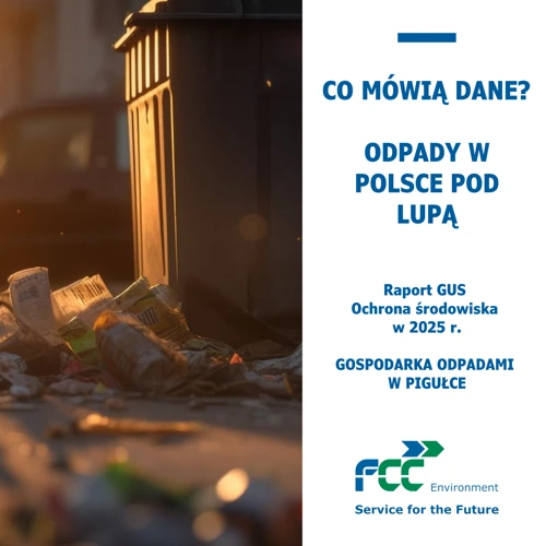 Pojemnik na odpady komunalne i odpady znajdujące się obok niego. Grafika FCC Environment prezentująca dane GUS dotyczące gospodarki odpadami w Polsce oraz raport „Ochrona środowiska w 2025 r.