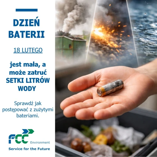 Grafika z napisem: Dzień Baterii 18 lutego jest mała a może zatruć setki litrów wody. Sprawdź jak postępoważ z zużytymi bateriami
